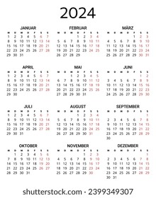 2024 german calendar. Printable, editable vector illustration for Germany. 12 months year kalender. portrait