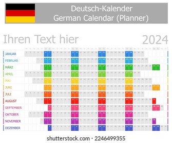 2024 German Planner Calendar with Horizontal Months on white background