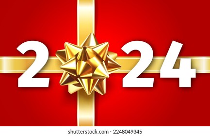 2024 Gift Box Decoration. Happy New Year Greeting Card with a gold ribbon gift bow and the number 2023 on a red background. New Year Celebration Design. Gold Bow Realistic 3D Vector Illustration