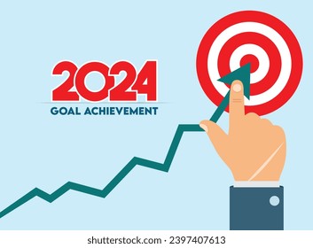 2024 Goal achievement. Successful way up to goal. Business Success. Path chart to target. Business man touching the target with graph on blue background.