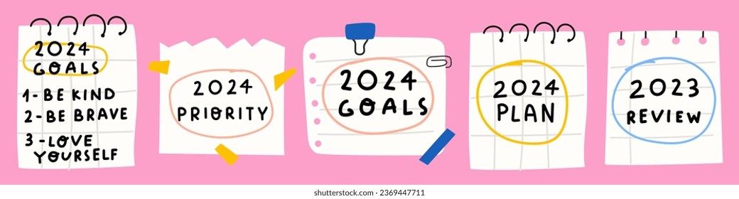 2024 goals, plans, priority. 2023 review. Collection of notes. Flat design. Hand drawn illustrations on pink background.