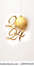 2024 gold 3d numbers with hanging balls. Christmas and New Year vector illustration. Winter holiday decorations. Vector 9:16.