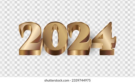 2024 en oro y estilo 3D aislado en fondo transparente. Feliz diseño de Año Nuevo 2024