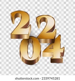 2024 in Gold and 3D Style Isolated on Transparent Background. Happy New Year 2024 Design