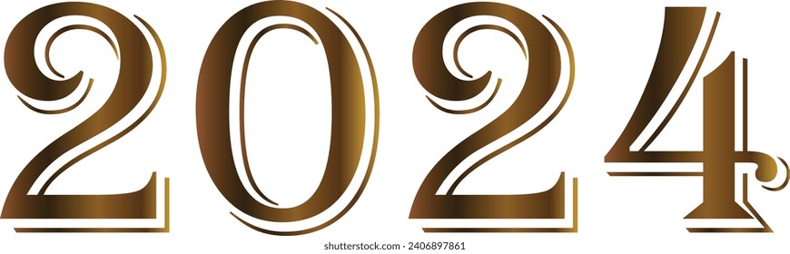 2024 texto dorado 3D aislado en fondo blanco, feliz concepto de fondo de año nuevo 3d ilustración de representación.