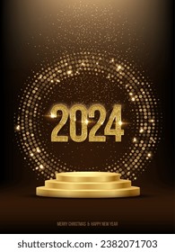 2024 gold numbers in shiny circle on golden podium vector vertical banner template. Winter holiday, New Year and Christmas congratulations. Festive postcard, luxurious greeting card concept.