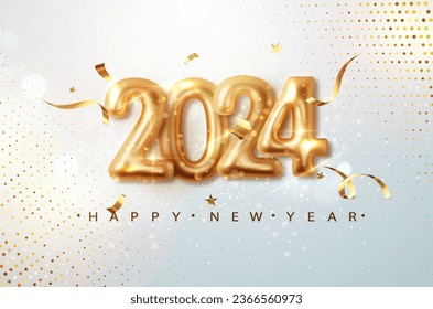 2024 gold realistic numbers on light festive glitter background.