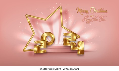 2024 golden 3D numbers Merry Christmas and Happy New Year banner with gold star frame in 3d platform studio display. Fashion Pedestal floor. Luxury Stage showcase podium, vector pink background 