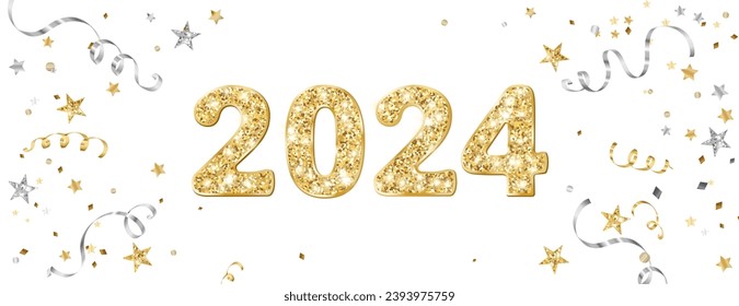 2024 golden glitter numbers. Happy new year banner. Background with gold and silver confetti. Flying ribbons and stars. Vector decoration. For Christmas and holiday headers, party flyers.