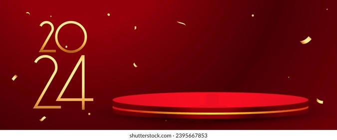2024 golden lettering new year banner with blank podium platform vector