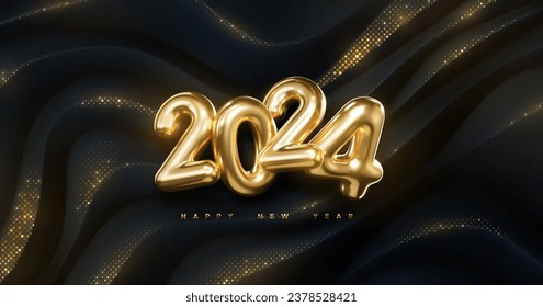 2024 golden metallic sign. Happy New 2024 Year banner. Vector holiday illustration. Realistic numbers on black background with shimmering glitters.