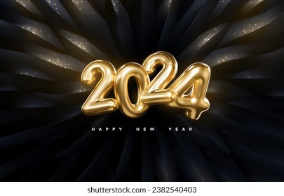 2024 golden metallic sign. Happy New 2024 Year banner. Vector holiday illustration. Realistic numbers on black background with shimmering glitters.