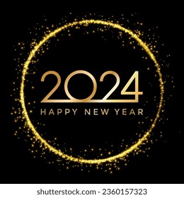 2024 golden New Year in golden sparkling ring with dust glitter on dark background, Happy New Year decorative shiny design for award celebration - stock vector