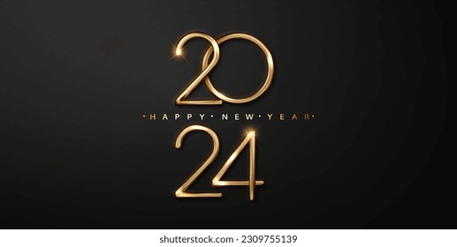 2024 golden number on black background. Greeting New year design with realistic gold metal number of year