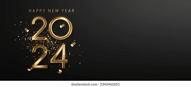 2024 golden number on black background. Greeting New year design with realistic gold metal number of year. Premium holiday design for greetings and celebrations.