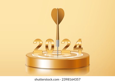 2024 golden small number on gold dartboard with big dart hit to center. Arrow on bullseye in target. Business investment goal, idea challenge, objective strategy, year focus concept illustration