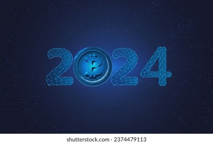 2024 is a good start to get started with Bitcoin cryptocurrency in the new year. Modern electronic money Polygonal. business, currency, cash wireframe, plexus, point, vector illustration , isolated