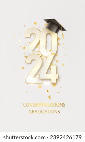 2024 Graduate college, high school or university cap with gold Congrats Class of 2024 background. Vector