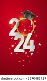 2024 Graduate college red, high school or university cap with gold Congrats Class of 2024 background. Vector