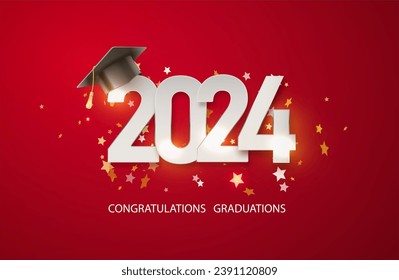 2024 Graduate college red, high school or university cap with gold Congrats Class of 2024 background. Vector