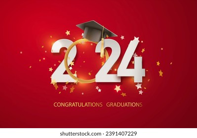 2024 Graduate college red, high school or university cap with gold Congrats Class of 2024 background. Vector