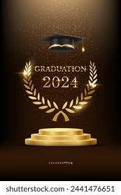 2024 Graduierung Zeremonie vertikale Banner. Preiskonzept mit akademischem Hut, goldenem Podium und Lorbeerkranz unter glänzendem Glitzer auf dunklem Hintergrund.