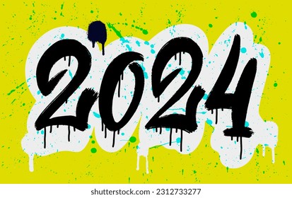 2024 in graffiti marker letters style vector banner. New year design element. Graffiti number 2024 sprayed paint dots in blue. Paint texture vector illustration. Isolated on green background.