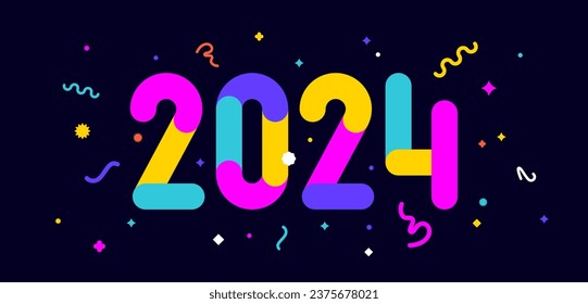 2024. Greeting card for Happy New Year, banner, poster and sticker, holiday geometric style with text 2024. Lettering card with holiday confetti, invitation card 2024, web banner. Vector Illustration