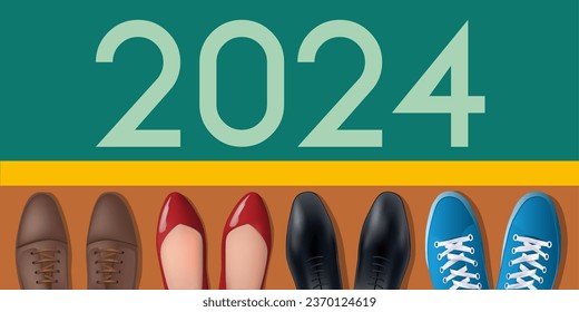 Tarjeta de felicitación 2024 sobre el tema de la competencia en el mundo del trabajo con un símbolo de línea de partida y los pies de cuatro personas de diferentes edades y géneros.