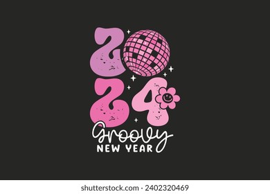2024 groovy Pink New Year T shirt Design