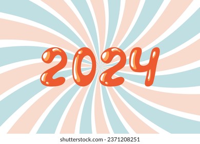 2024 groovy vector. Hand drawn number 2024 New Year isolated on swirl background in retro style.