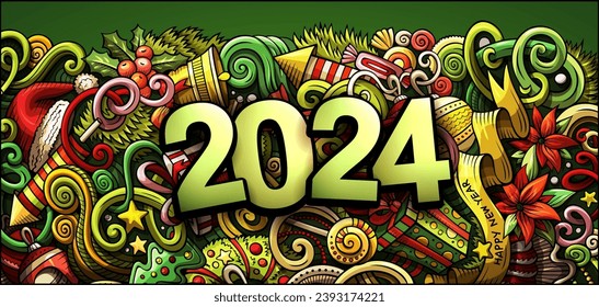 2024 hand drawn doodles horizontal illustration. New Year objects and elements poster design. Creative cartoon holidays art background. Colorful vector drawing