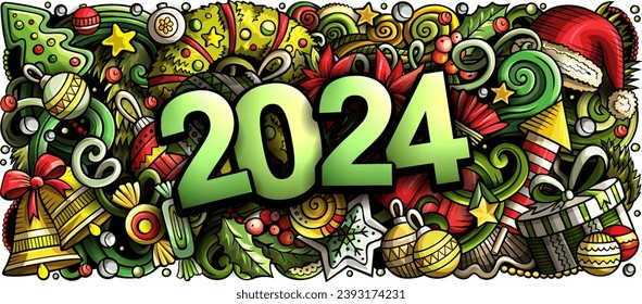 2024 hand drawn doodles horizontal illustration. New Year objects and elements poster design. Creative cartoon holidays art background. Colorful vector drawing