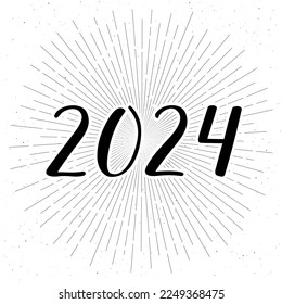 2024 handwritten calligraphic vector numbers. Black and white. Rays and stars on background. For greeting card, postcard, invitation, web, banner, print, poster. New year.
