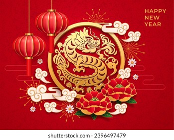 2024 Happy Chinese New Year translation, lunar spring festival decorations. Vector dragon zodiac banner, 3d illustration with lanterns, clouds and lily lotus flowers, firecrackers and gold dragon