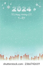 2024 Happy holidays card.  Christmas greeting card - snowy street. Winter urban landscape. City with snow. Christmas and new year. Cityscape. Vector flat Illustration.