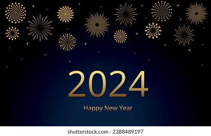 2024 Happy New Year! Abstract golden fireworks and golden numbers on dark blue background. Vector illustration. 