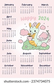 2024 Happy New Year annual calendar template with cute dragon holding flower pot. Kawaii hand drawn style childish vector graphic. Trendy cartoon drawing. Holidays concept. Monthly sheduler design.