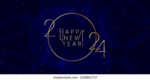 2024 Happy New Year background design. Golden inscription 2024 and Happy New Year on a dark blue background. Vector illustration