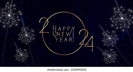 2024 Happy New Year background design. Golden inscription 2024 and Happy New Year on a dark blue background, sparklers. Vector illustration