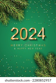2024 Happy New Year background with fir branches, confetti and glitter. Vector illustration.