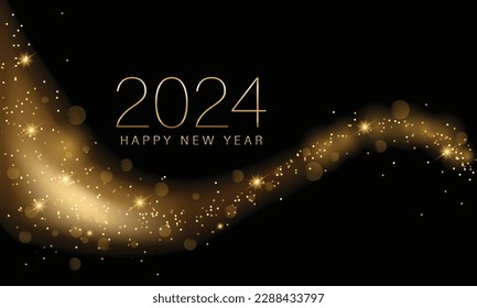 2024 Happy New Year Background Design. Golden 2024 Happy New Year Lettering on Black Background. Vector Illustration.