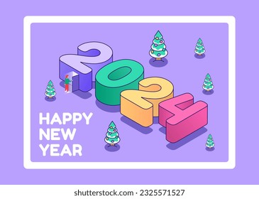 2024 Happy New Year Background Design. Holidays poster isometric style. New Year Lettering on purple Background. Vector illustration