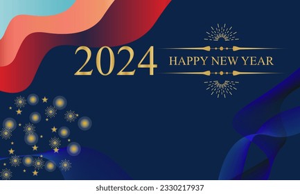 2024 Happy New Year Background Design. Golden 2024 Happy New Year Lettering on Blue Background.