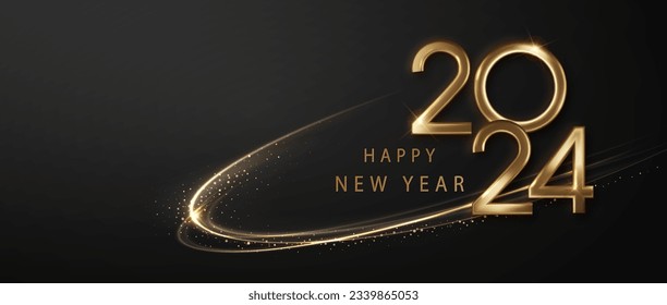 2024 Happy New Year background with golden waves swirl with golden sparkles on black background. Abstract shiny color gold wave premium holiday design element