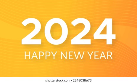 2024 Feliz Año Nuevo.  Plantilla moderna de banner de saludo con números blancos de Año Nuevo 2024 sobre fondo abstracto amarillo con líneas. Ilustración del vector
