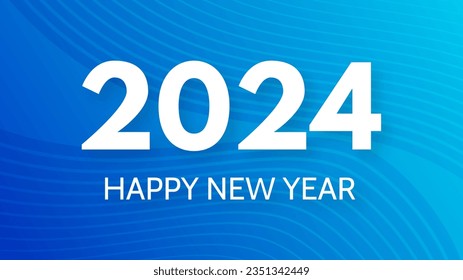 2024 Happy New Year background.  Modern greeting banner template with white 2024 New Year numbers on blue abstract background with lines. Vector illustration