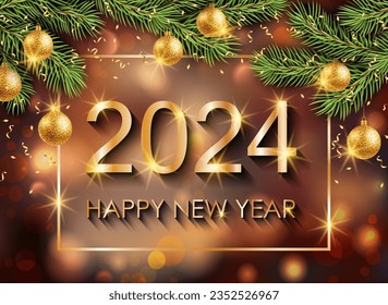 2024 Happy New Year background with Christmas tree branches. Vector illustration.