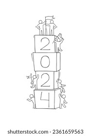 2024 Happy New Year background. Cartoon doodle illustration with liitle people prepare to celebration. Hand drawn vector illustration.
