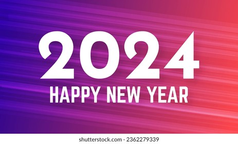 2024 Feliz Año Nuevo.  Plantilla moderna de banner de saludo con números blancos de Año Nuevo 2024 sobre fondo púrpura abstracto con líneas. Ilustración del vector